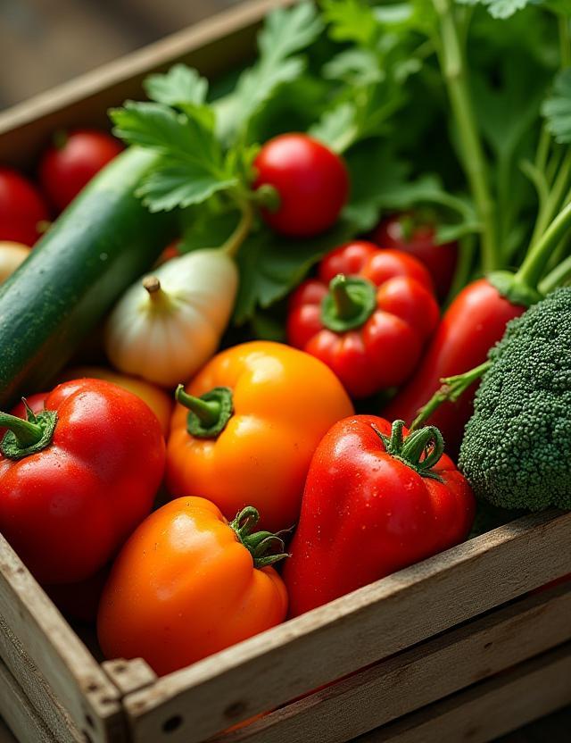 A rustic wooden crate filled with vibrant, fresh, and locally sourced vegetables.