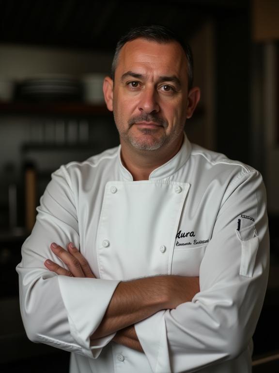 Head Chef of Aura Plates in a thoughtful pose.