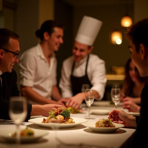 Chef presenting a dish to guests at the exclusive chef's table.