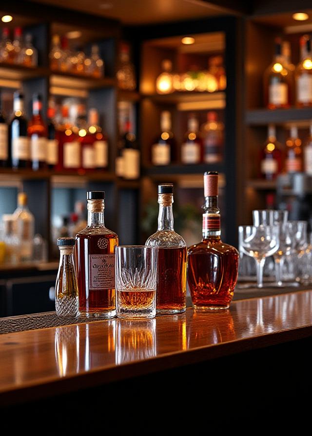 The sophisticated bar at Aura Plates, stocked with premium spirits.