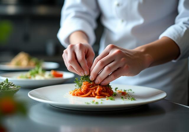 A chef meticulously adding garnish to a plate in the kitchen.