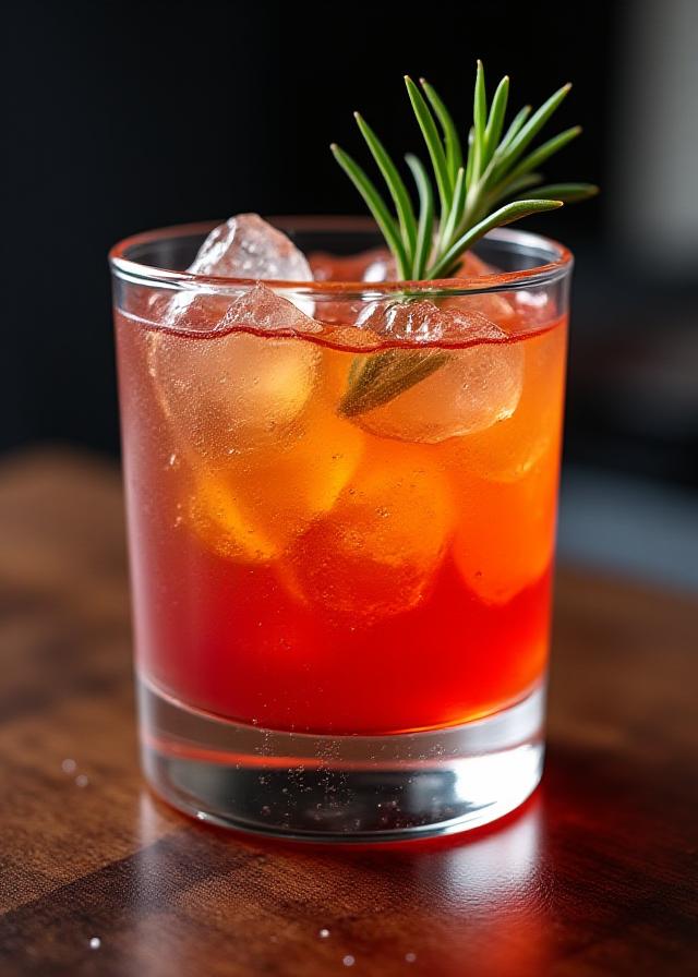 A craft cocktail with a sprig of rosemary.