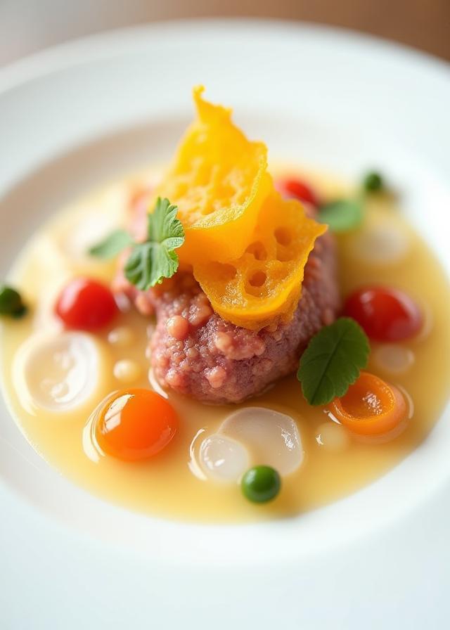 Artfully plated main course with a rich sauce.