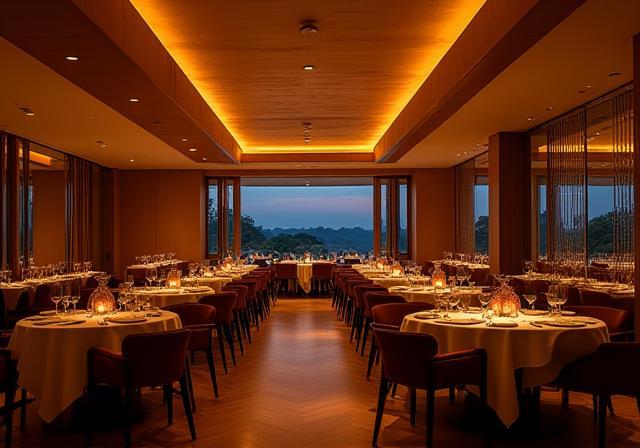 The main dining hall of Aura Plates at dusk, with ambient lighting.
