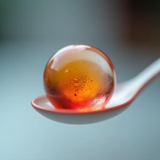 A delicate sphere of essence on a tasting spoon, exemplifying molecular gastronomy.